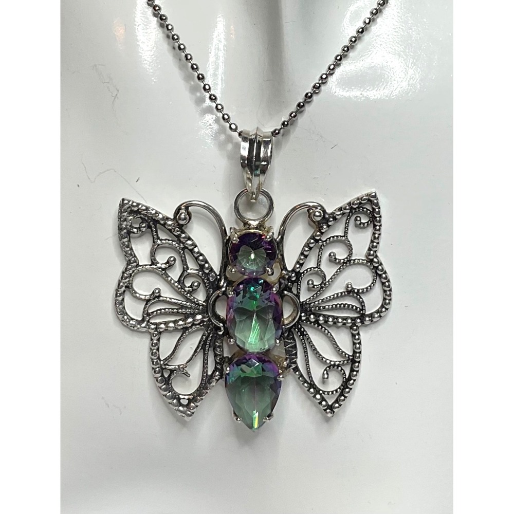 BUTTERFLY 925 Faux Faceted MYSTICFIRE PENDANT Stainless Steel 24"Chain FILLAGREE